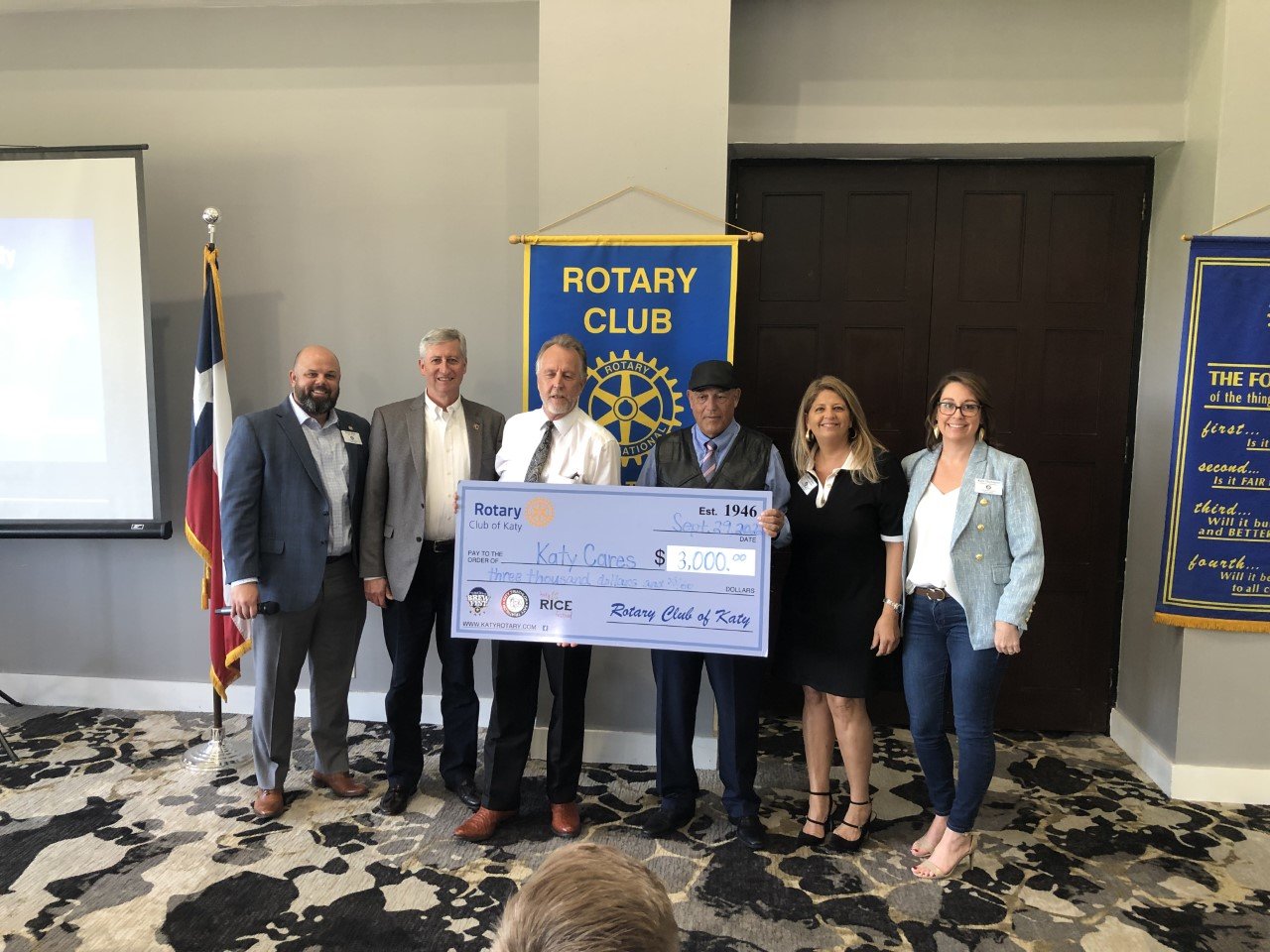 The Rotary Club of Katy made a donation to Katy Cares, a local nonprofit organization focused on serving single-parent families who are victims of trauma due to a life-altering event such as domestic violence or abuse. Pictured from left to right are Rocky Blair, Mayor Dusty Thiele, David Pieterse, Thom Polvogt, Tara Wilson and Kate Maranacci.